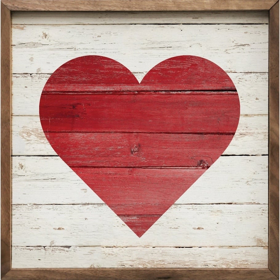 Hand-painted red heart on whitewashed American hardwood plank framed in natural walnut