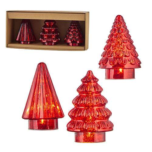 Glass tiered tree decoration with red LED lights measuring six inches tall.