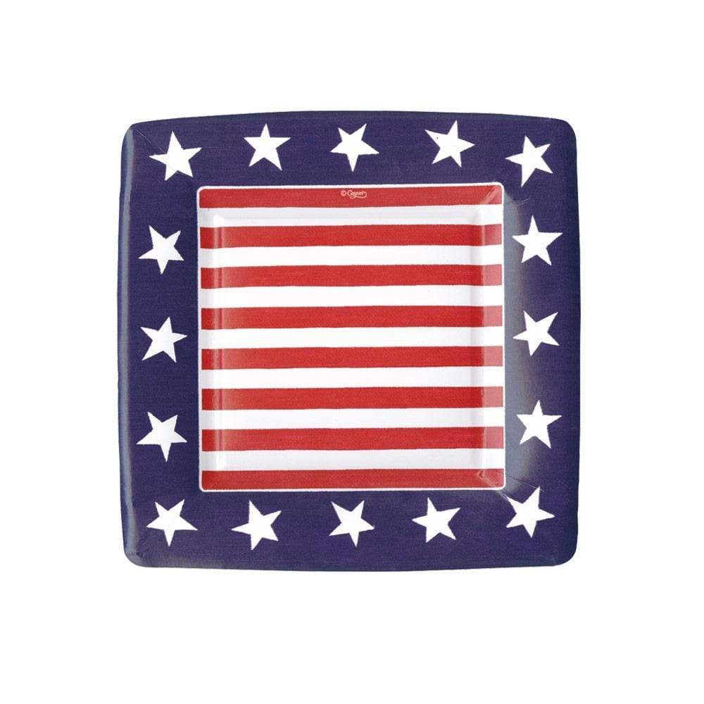 Pack of eight square salad plates in red, white, and blue with a patriotic pattern.