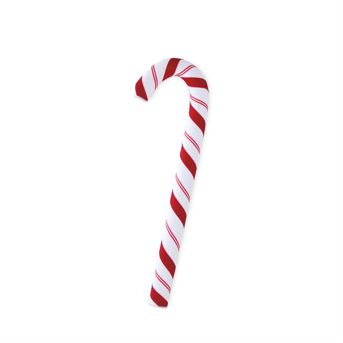 Red resin candy cane with white fabric stripes in a curved silhouette.