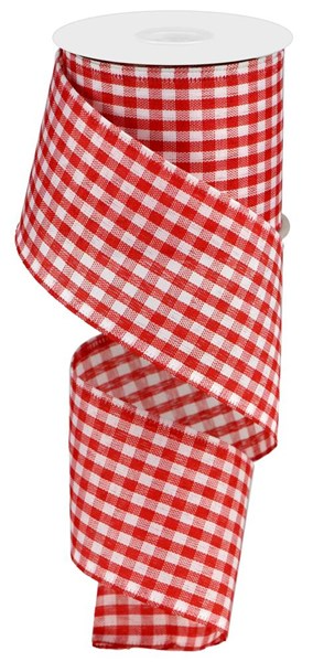 Red and white gingham patterned polyester ribbon on a spool, 2.5 inches wide.