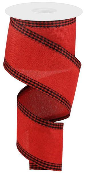 Red farmhouse ribbon with black gingham edges on a spool, 2.5 inches wide, made of polyester.