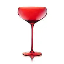 Hand-blown Carnival Coupe glass in red with a colorful swirled pattern.