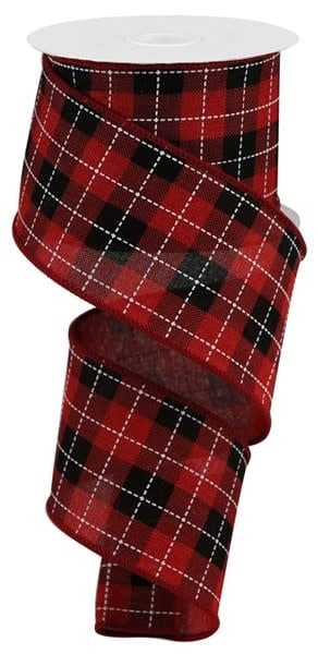 2.5-inch wide red and black buffalo check ribbon with thin white grid lines on a spool.