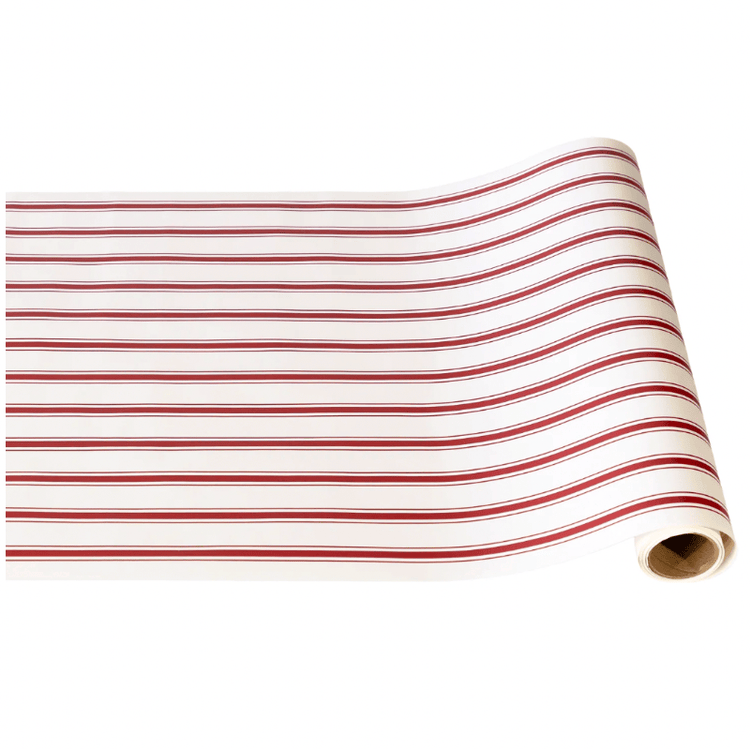 Red linen paper table runner with white stripe pattern