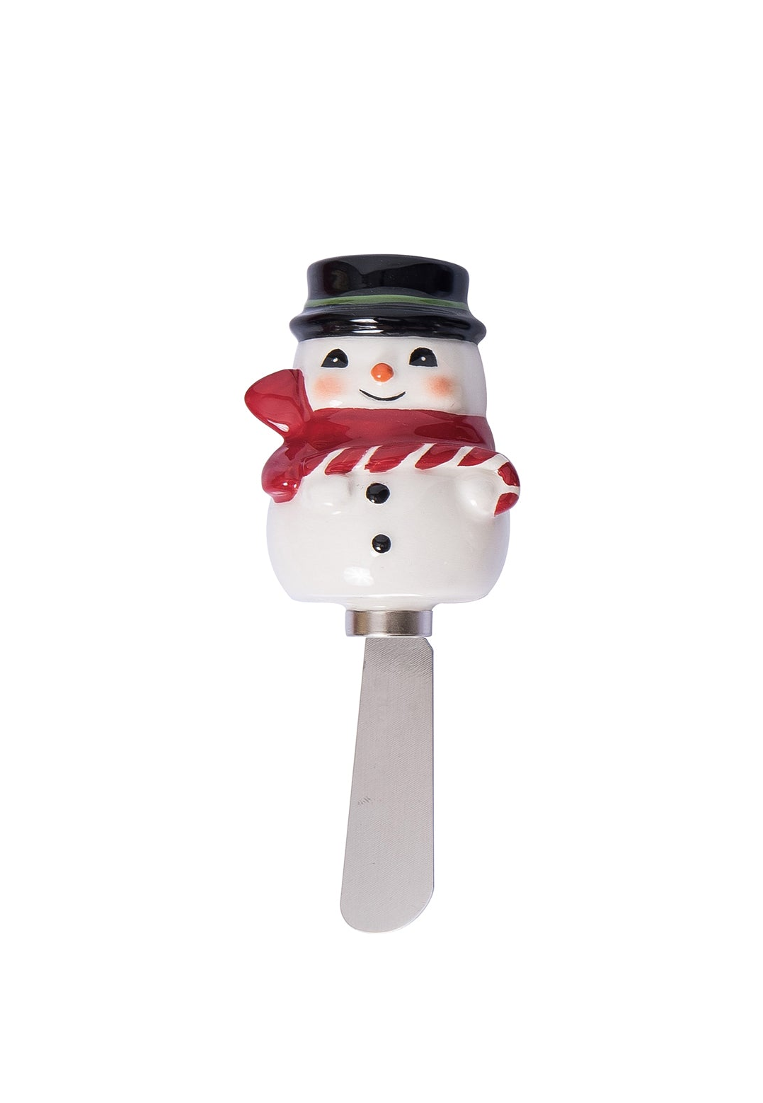 Vintage-style snowman spreader with a red scarf, black hat, and stainless steel blade.