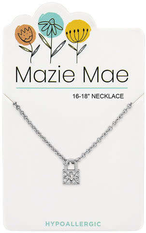 Silver Mazie Mae necklace with a crystal-studded lock pendant on a 16-18 inch chain.