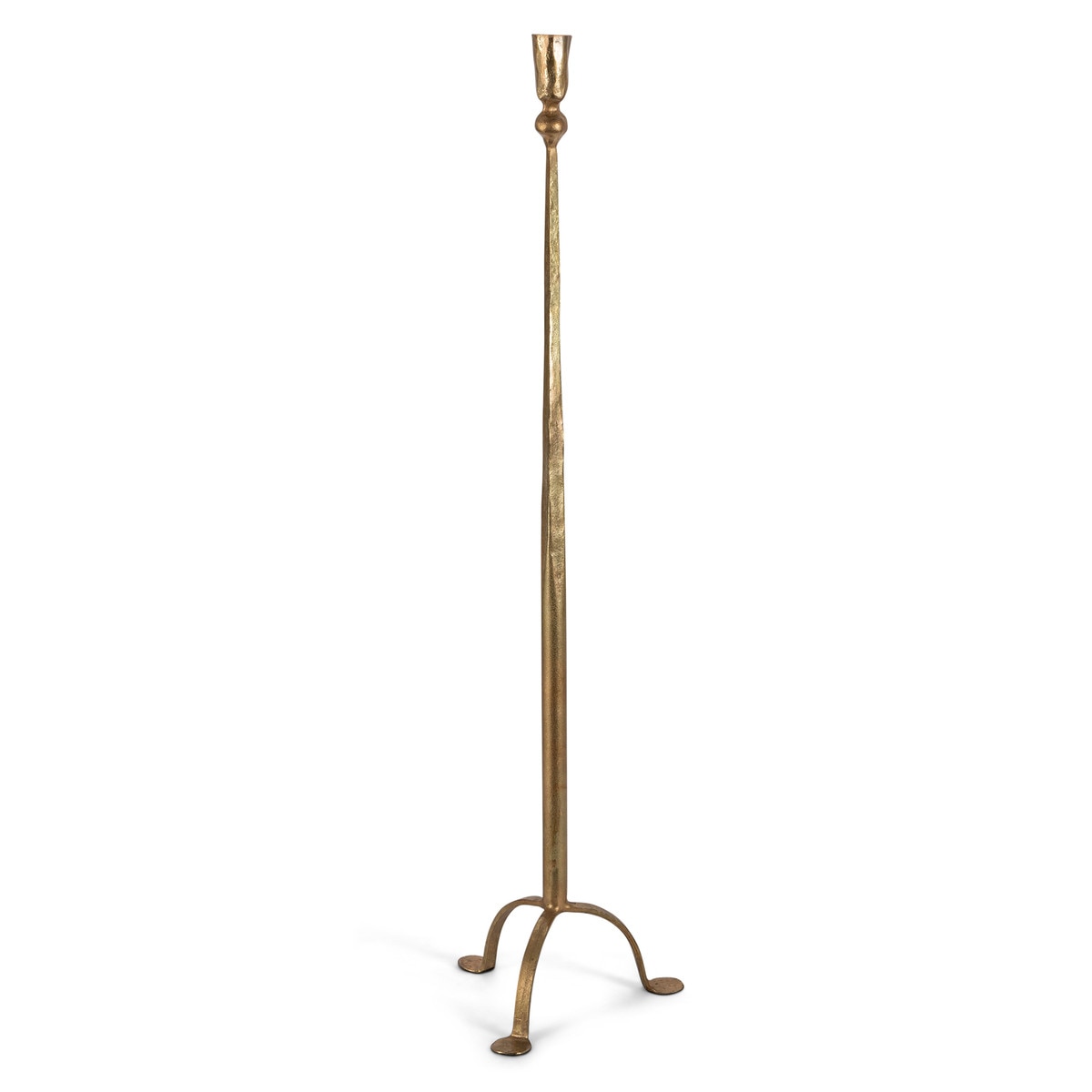 Tall antique gold iron candlestick with a slender textured stem and a tripod base.