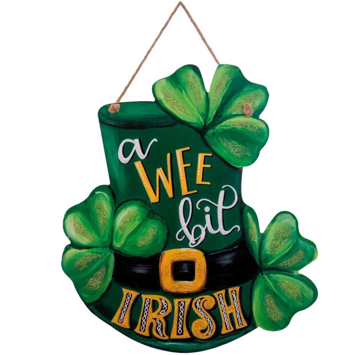 Irish door hanger with shamrock motif in green fabric