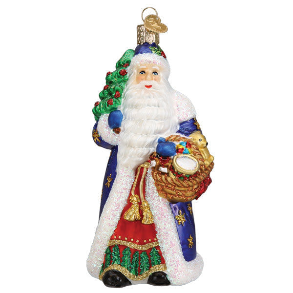 Regal Father Christmas ornament featuring a standing Santa figure in red robes with gold trim and white beard.