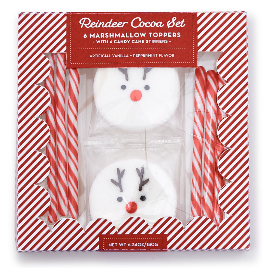 Gift box containing six vanilla reindeer marshmallow toppers and pink candy cane stirrers.