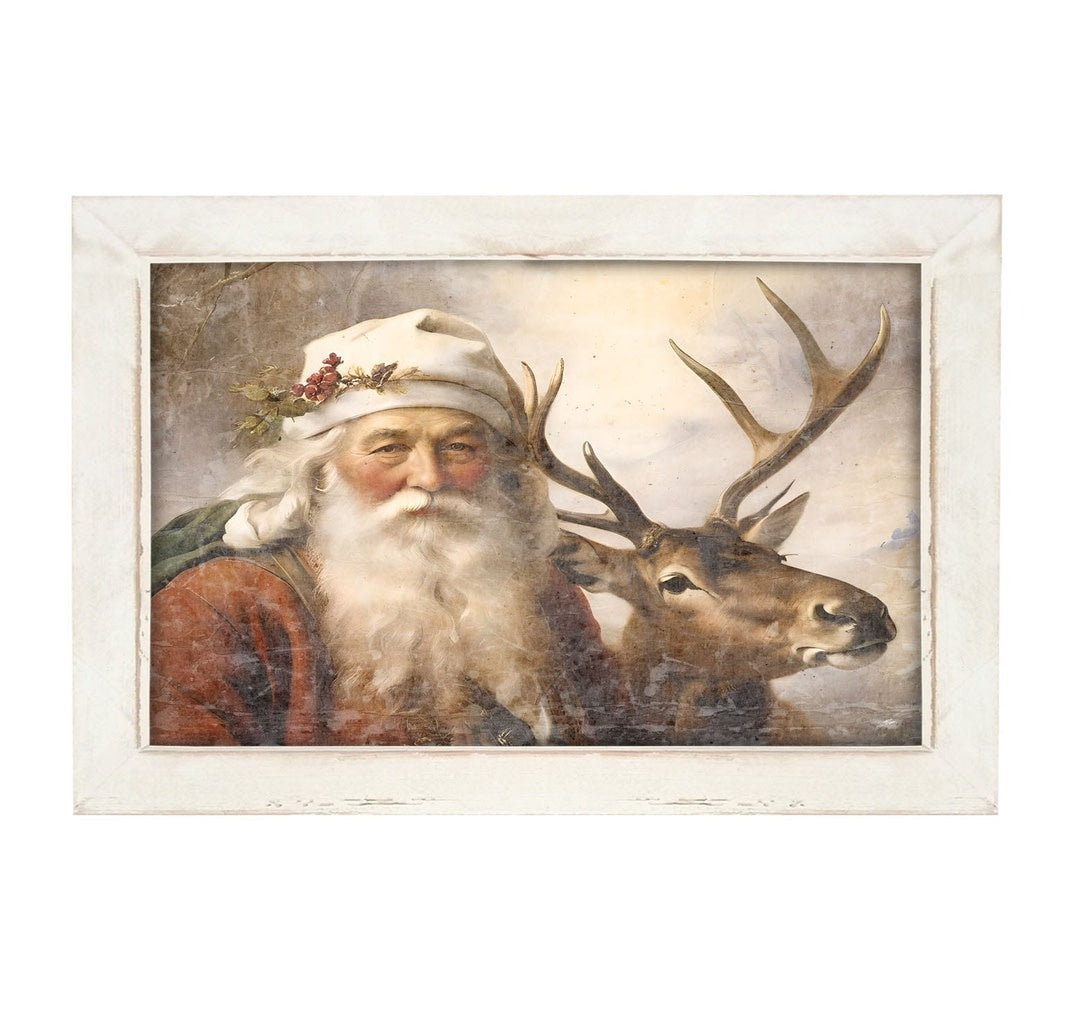 Horizontal white frame with reclaimed barn wood holding a matte print of Santa riding a reindeer.