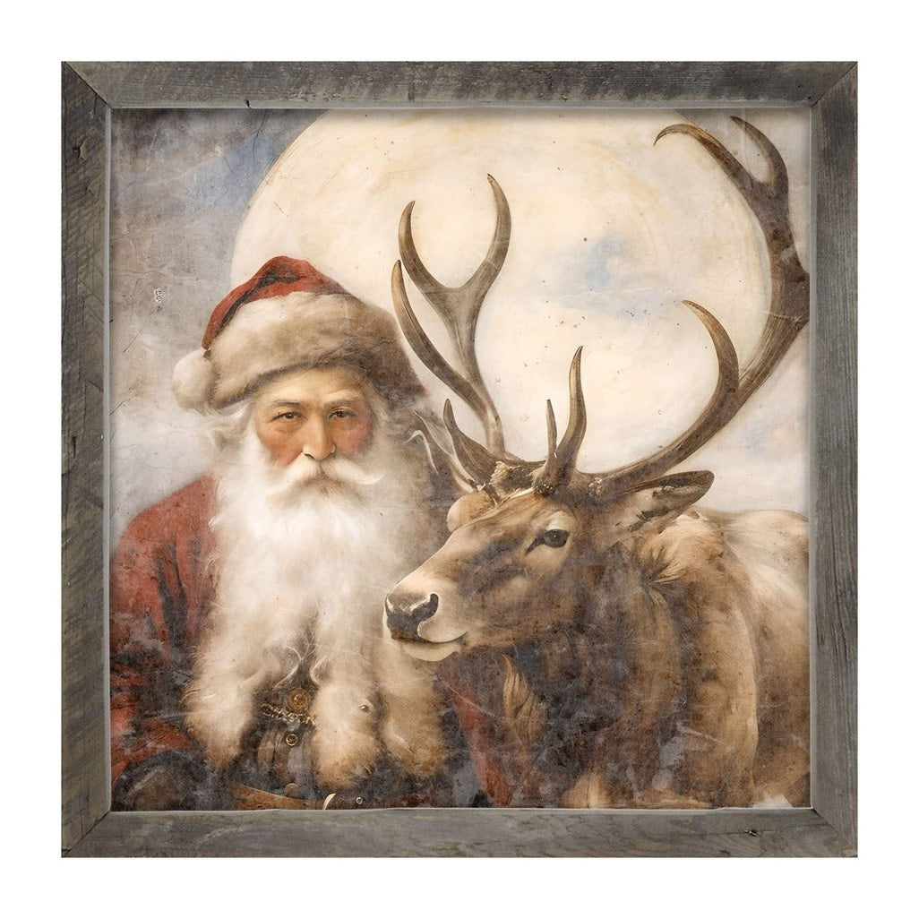 Natural wood frame holding a matte print of Santa riding a reindeer.