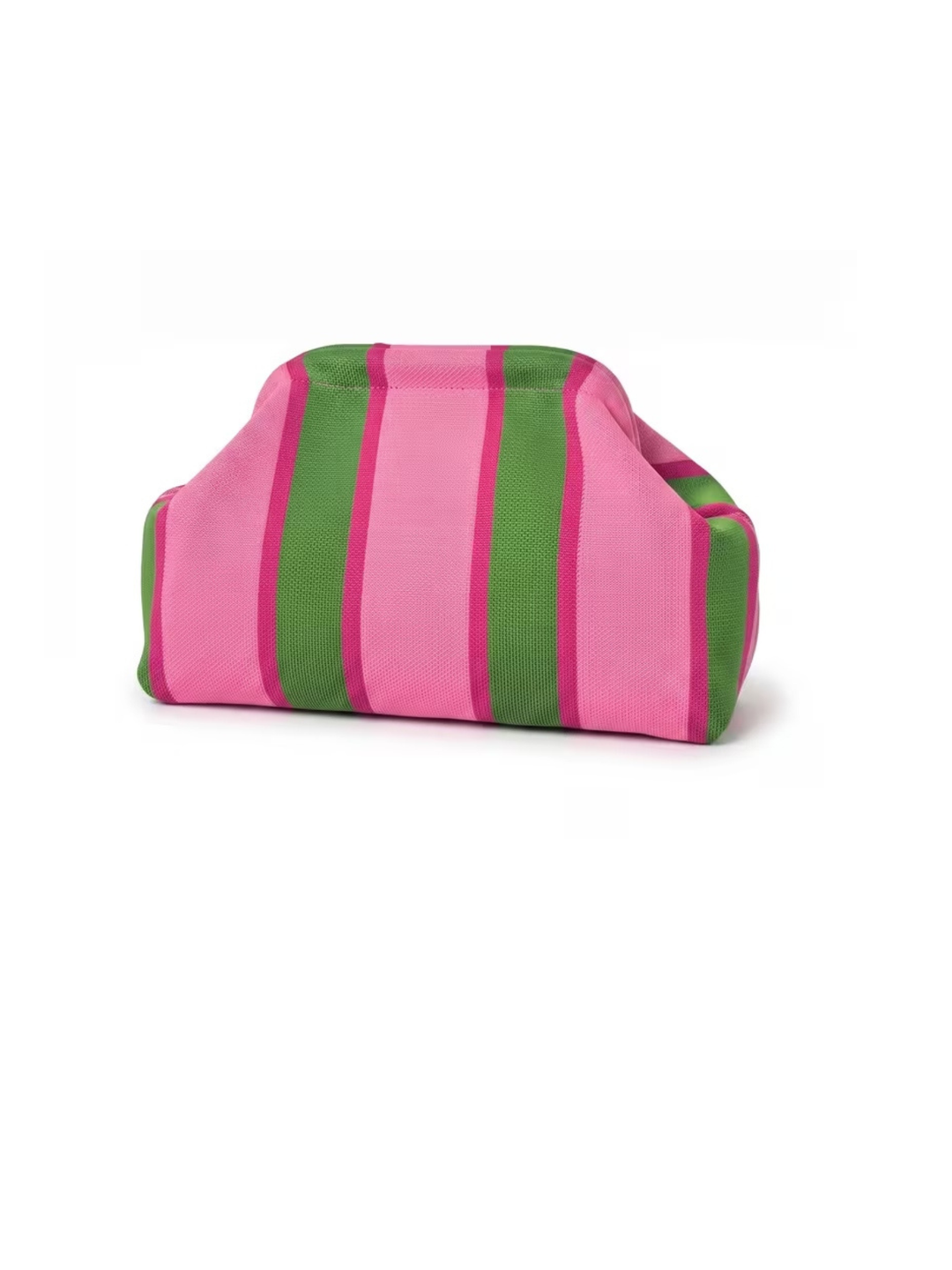 Striped knit clutch bag with vertical pink, magenta, and green stripes.