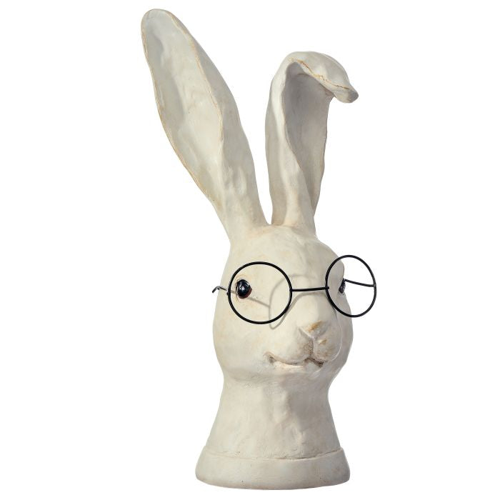 Resin bunny bust sculpture wearing glasses with a neutral finish