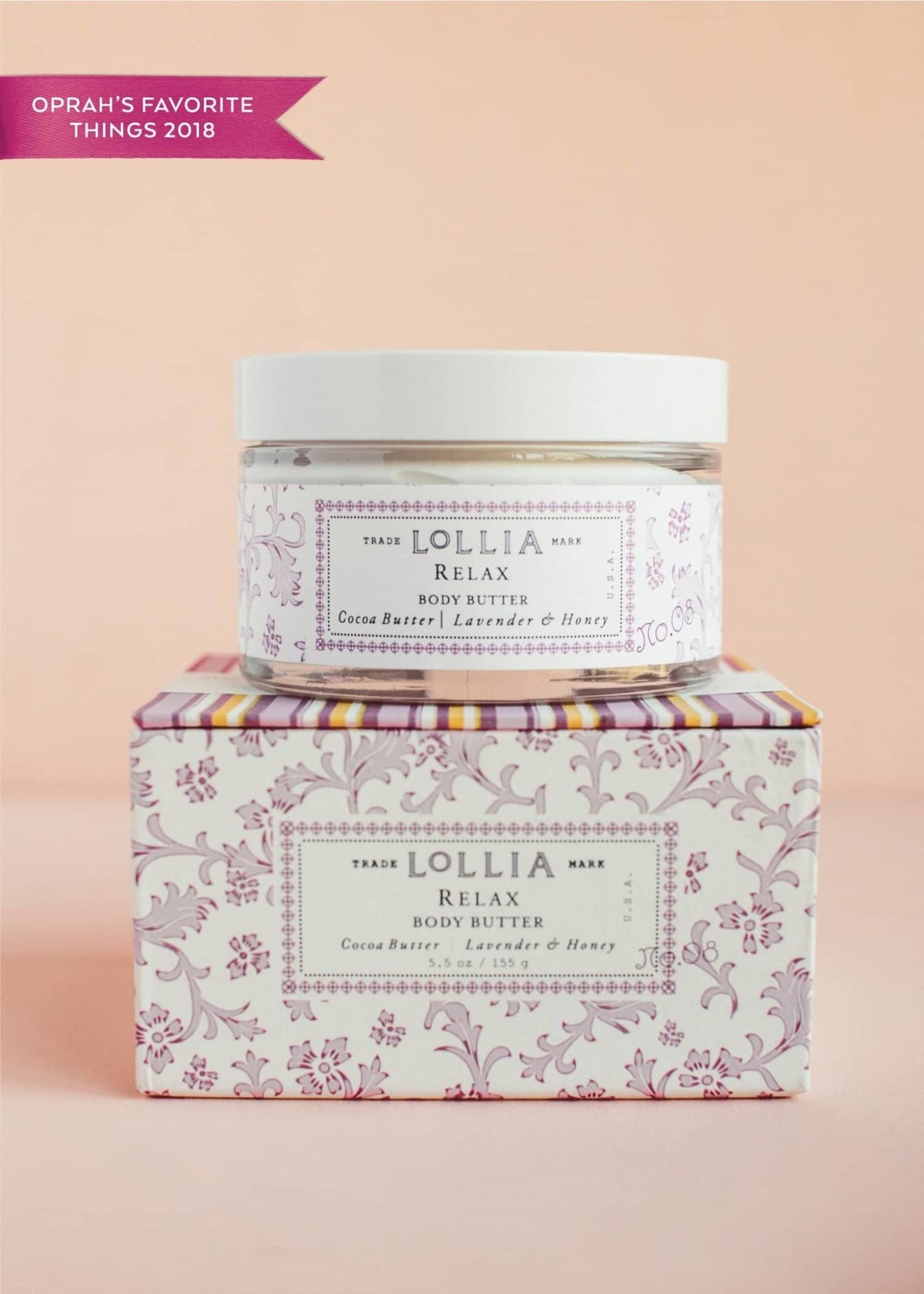 Relax Body Butter in a white jar with French floral box featuring lavender honey scent and cocoa shea ingredients