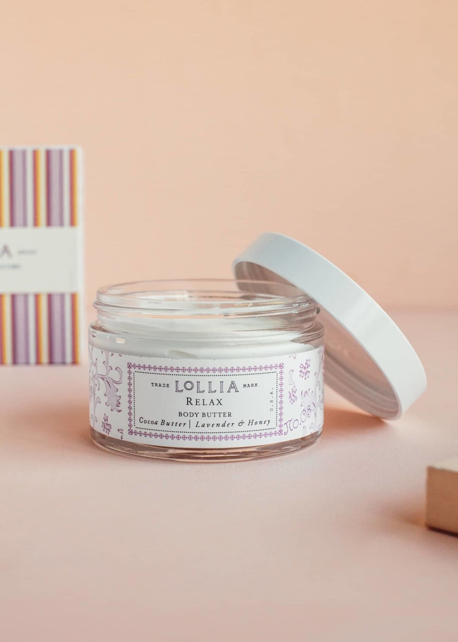 Relax Body Butter in a white jar with French floral box lid