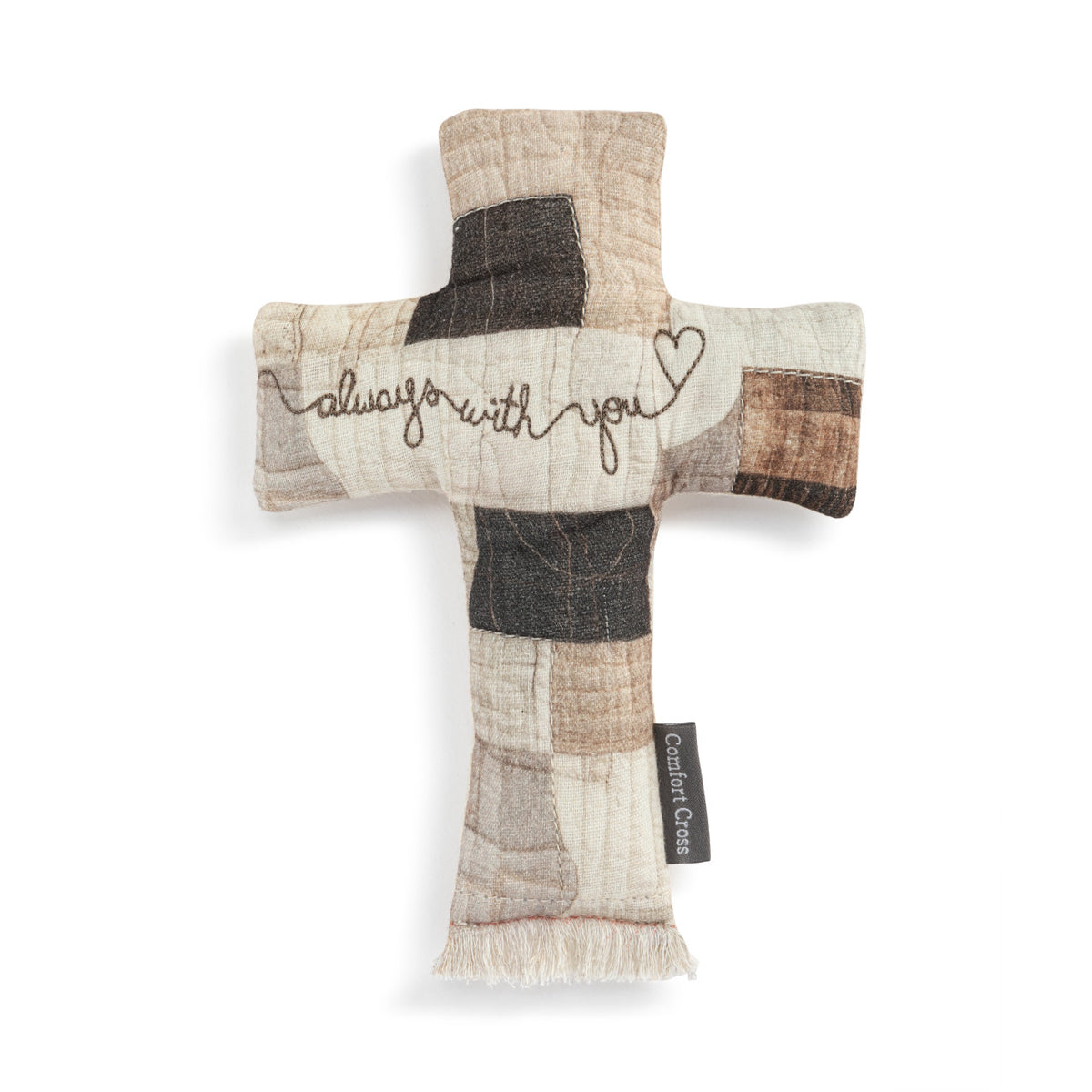 Comfort Cross wall hanging made of cotton with polyester fiberfill stuffing and bead accents.