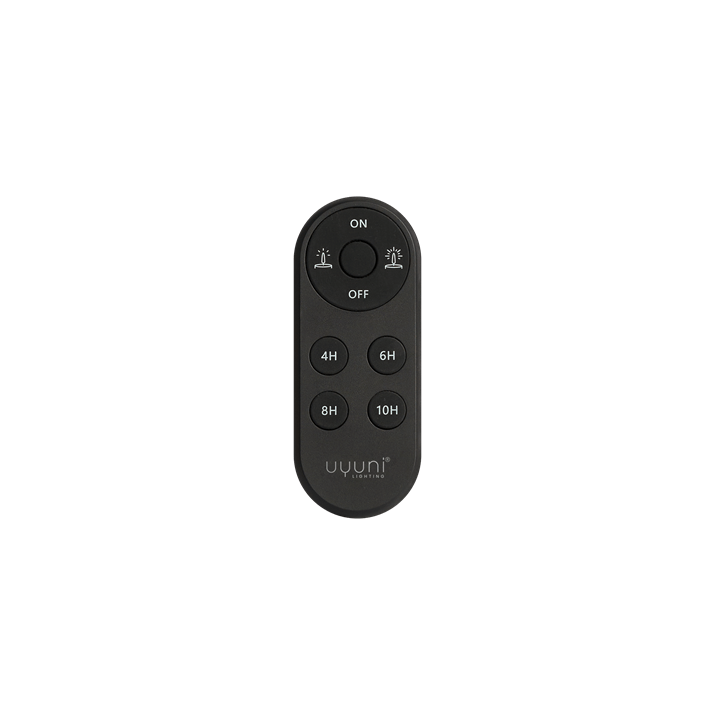 Black oval remote control with buttons for power, brightness adjustment, and timer settings.