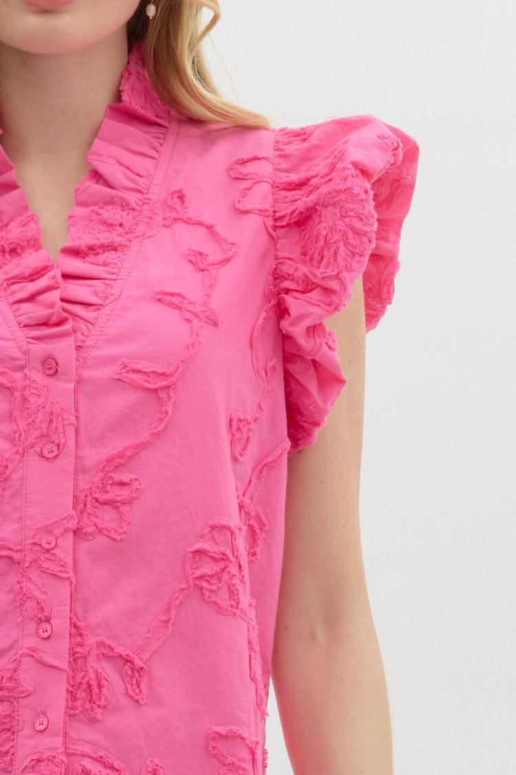Addison top in floral appliqué cotton with bubble flutter sleeves.