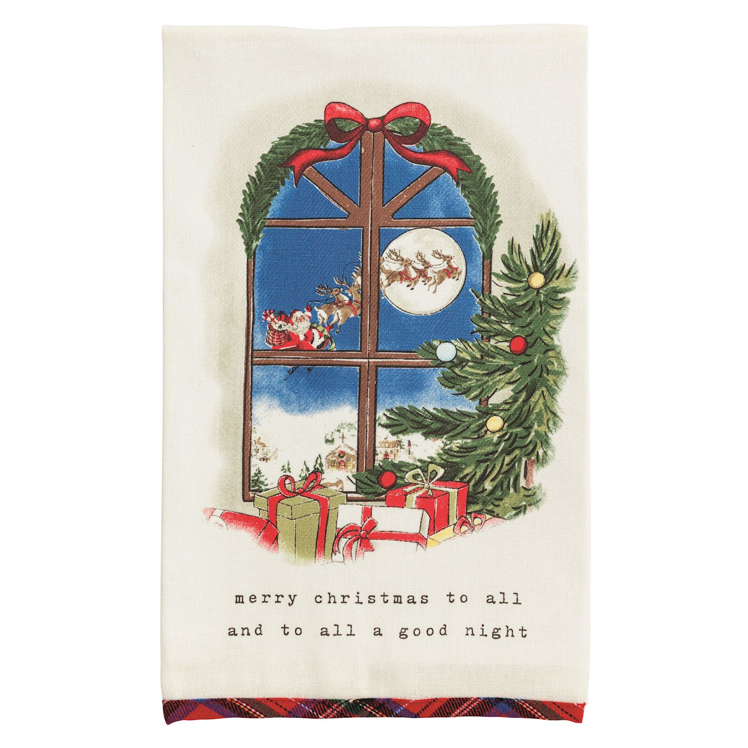 Cotton hand towel with a window scene of Santa, a Christmas tree, gifts, and a tartan hem.