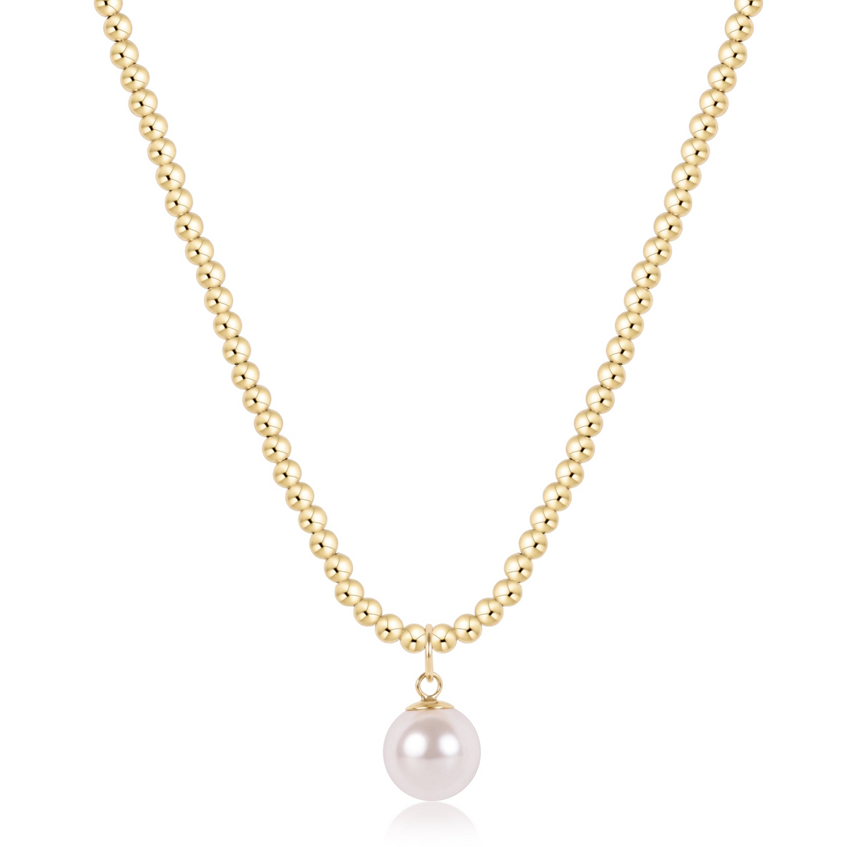 17 inch choker with 3mm 14kt gold-filled beads and a 10mm white crystal pearl charm.
