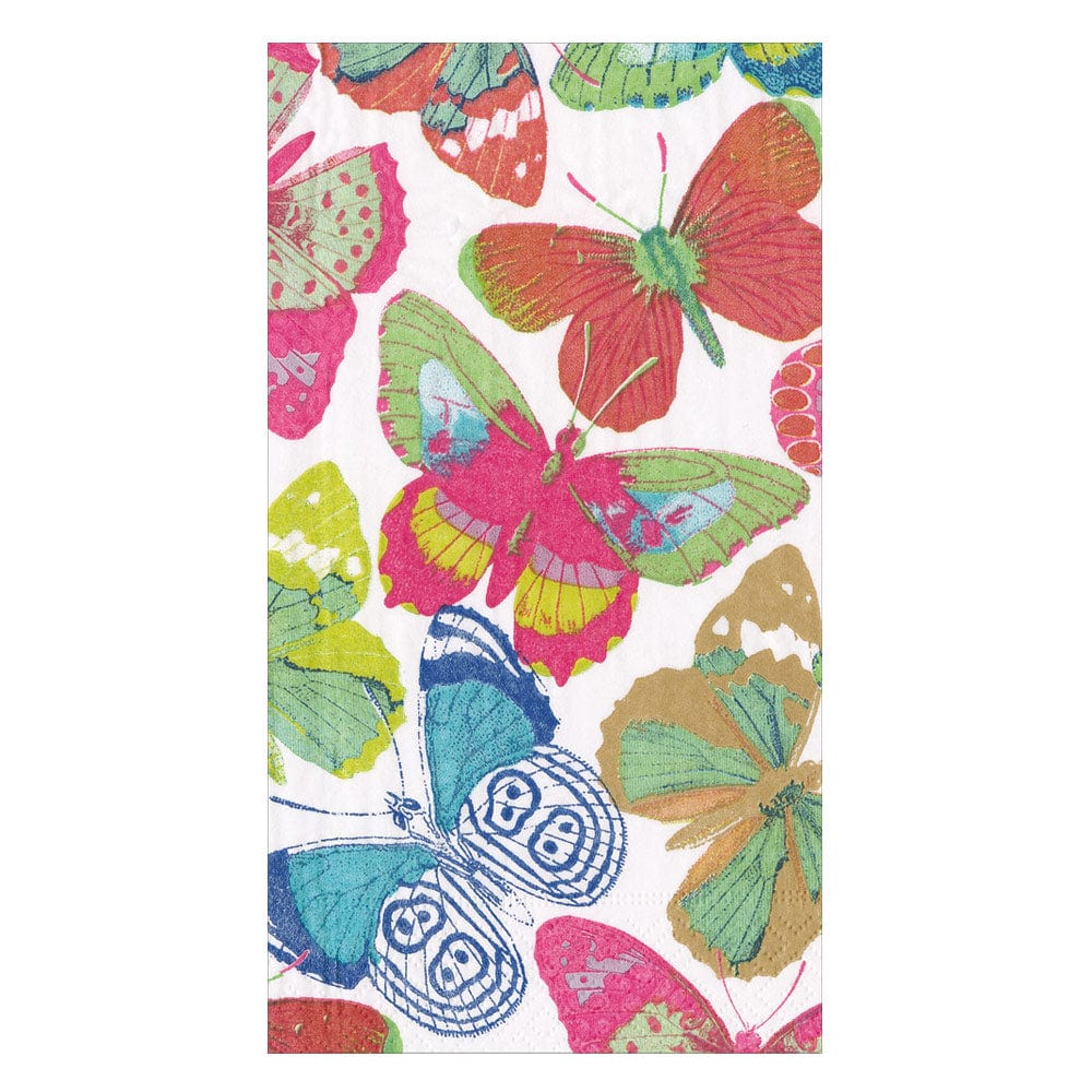 Guest towel paper napkin featuring a colorful pattern of various butterflies on a white background.