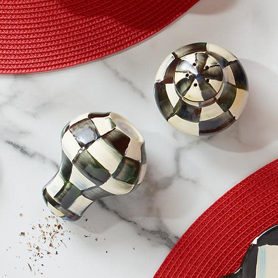 Courtly Check Enamel Salt & Pepper Shakers with hand-painted black and white checkered pattern.