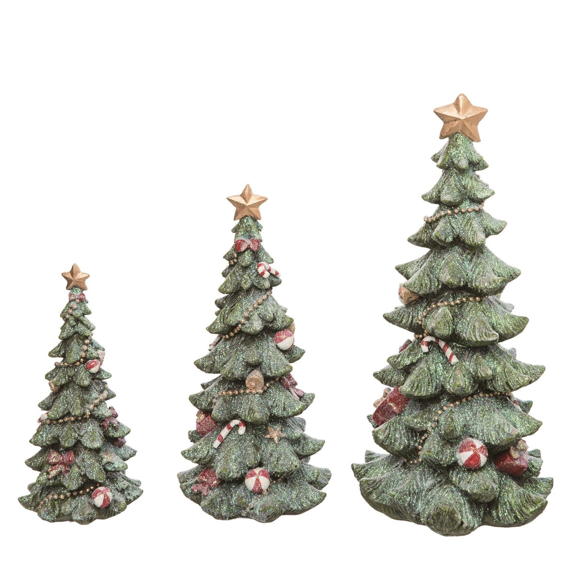 Resin Christmas tree figurine with glitter finish in green color.
