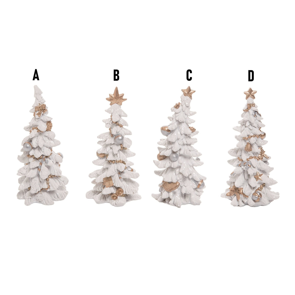 Resin holiday tree figurine with a fig leaf silhouette in dark green.