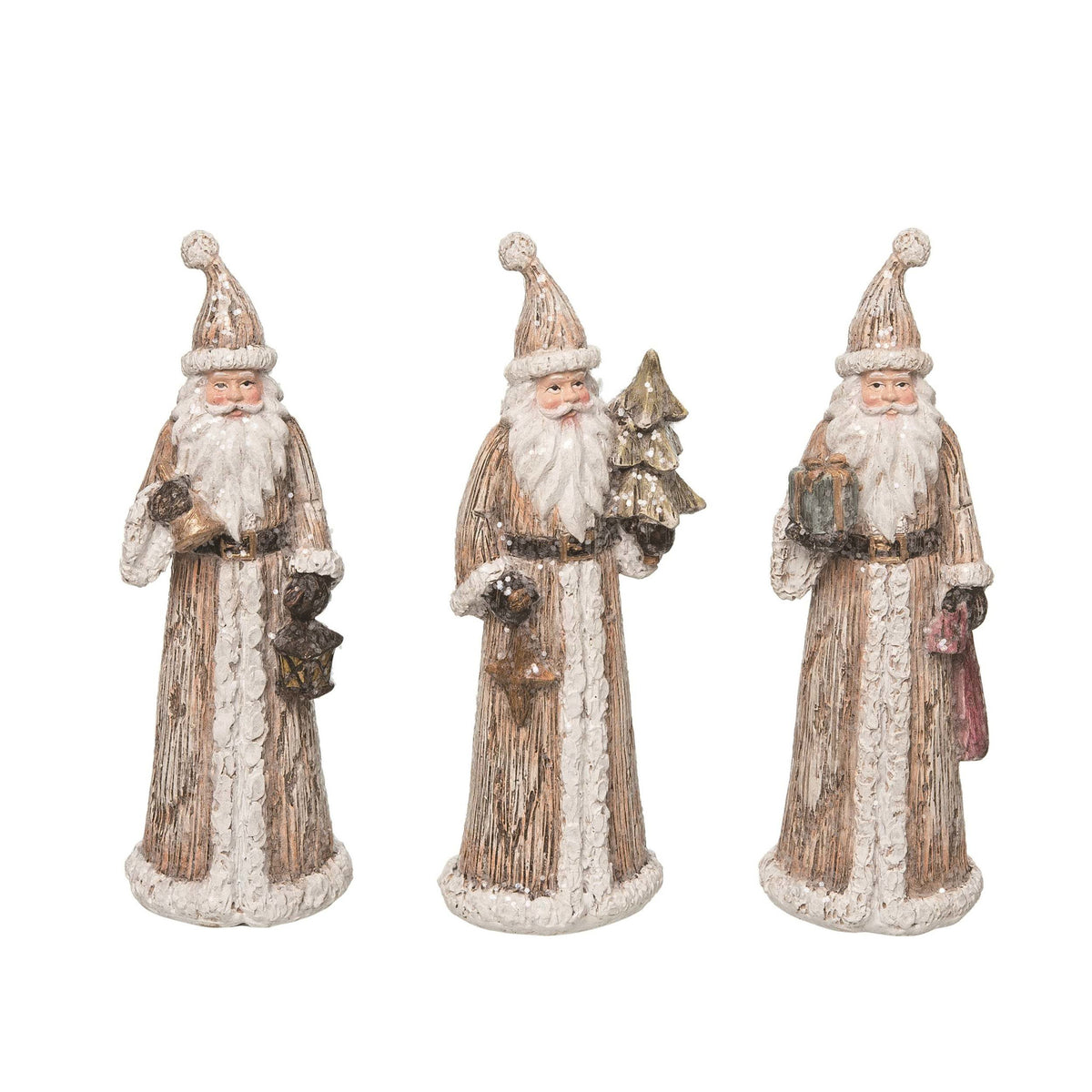 Resin figurine of a standing Santa Claus with gold dusted finish.