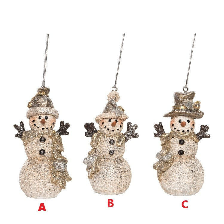 Metallic silver snowman ornament with a festive round shape.