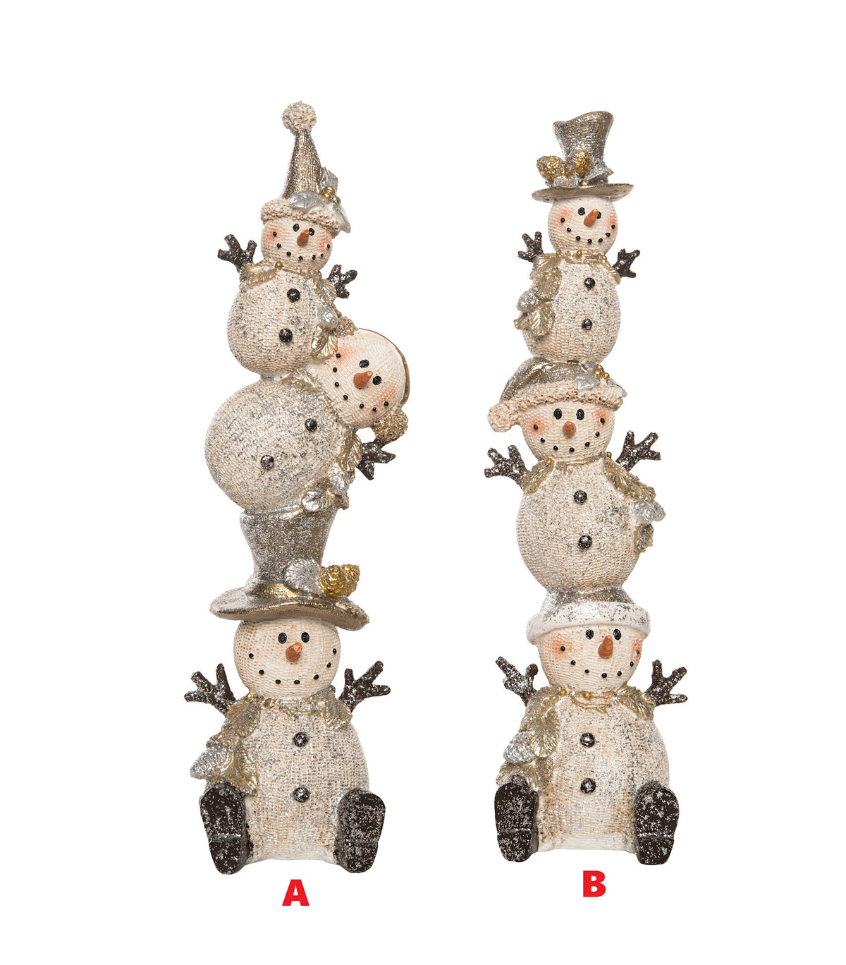 Resin metallic stacked snowman figurine with a tiered body design in silver and white tones.