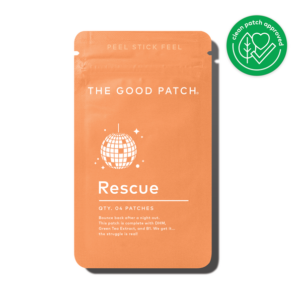 Rescue wellness patch with green tea extract in a black rectangular shape.