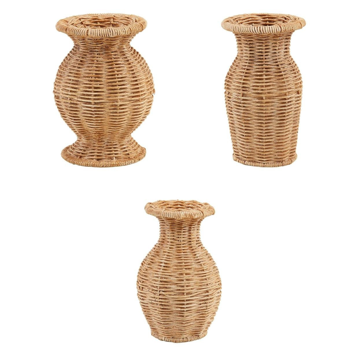 Resin vase with wicker-weave basket pattern in natural tone