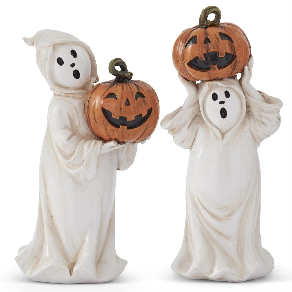 Polyresin ghost figurine holding a carved jack-o'-lantern with playful expression