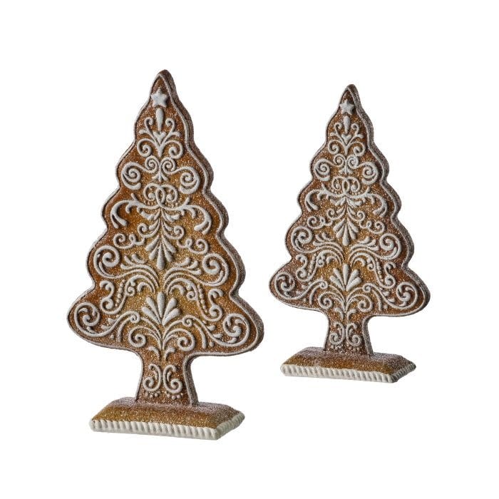 Resin gingerbread tree with whimsical brown silhouette and stone powder texture.