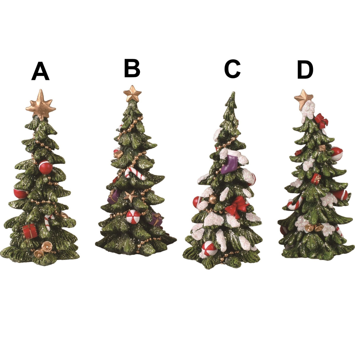 Resin holiday tree figurine with green foliage and red ornaments on a brown trunk.