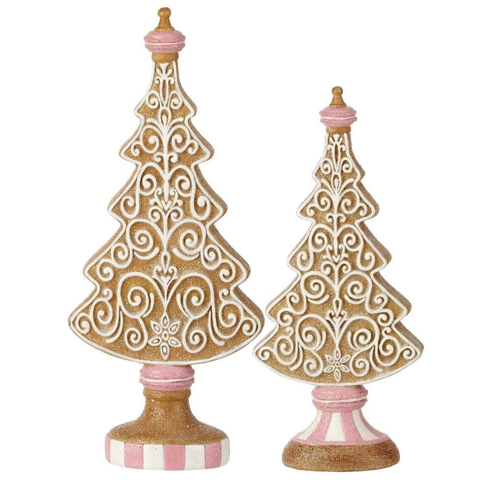 Resin gingerbread tree with white icing patterns on a dark brown trunk silhouette.