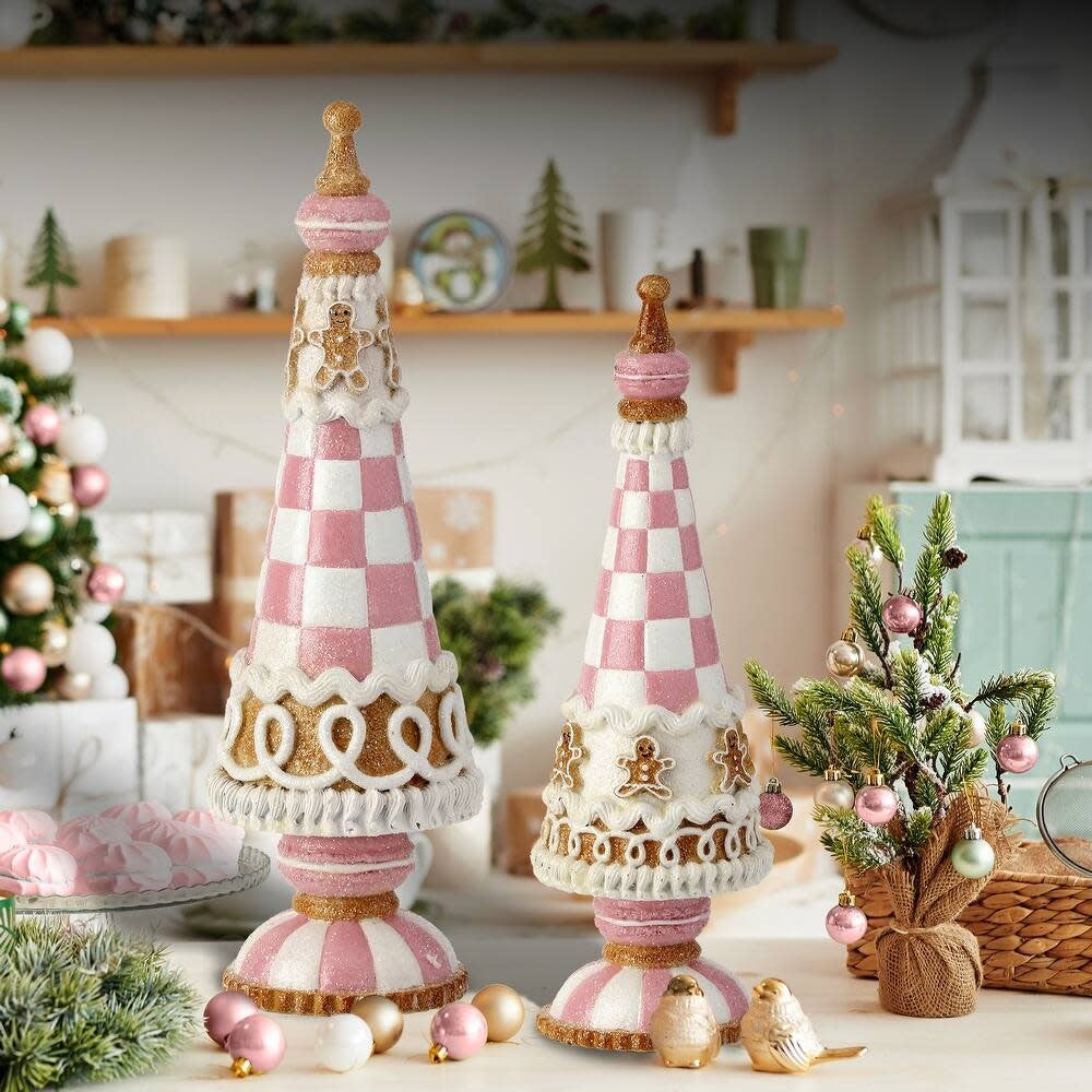 Resin gingerbread tree figurine with sugared finish on a tabletop display