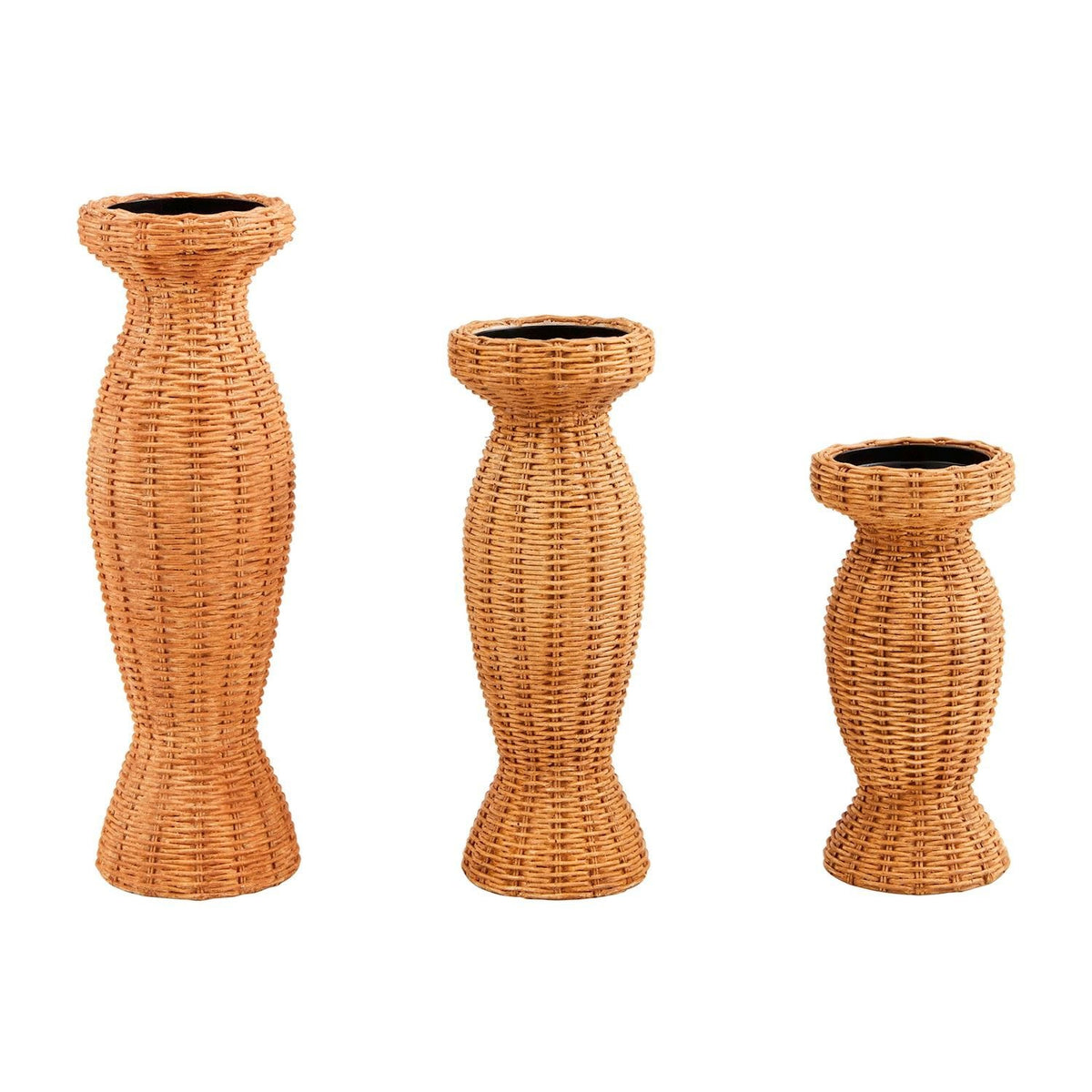 Wicker-weave resin candlestick in natural beige with a woven pattern.