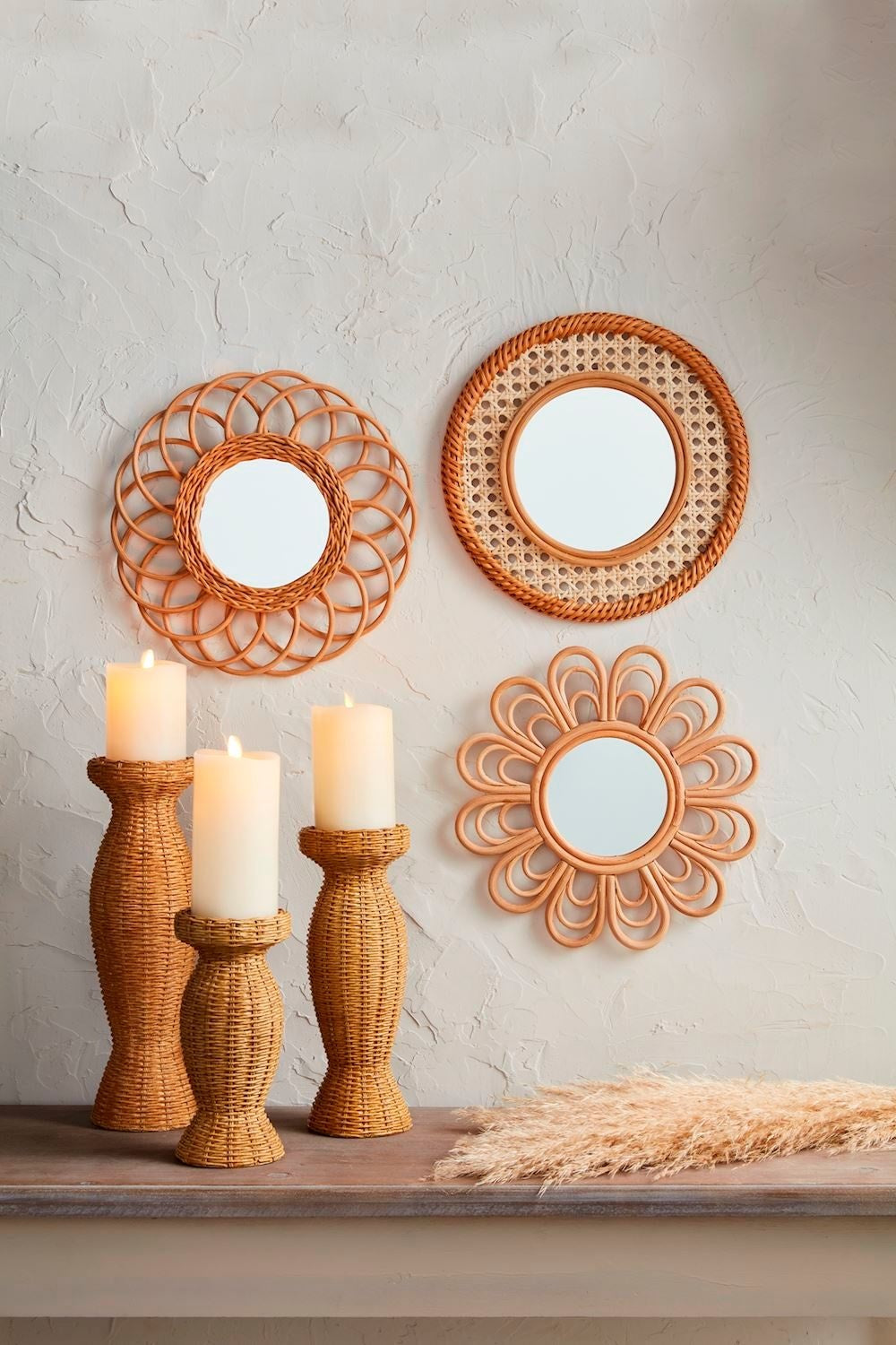 Resin candlestick with woven wicker weave pattern in natural beige tone.