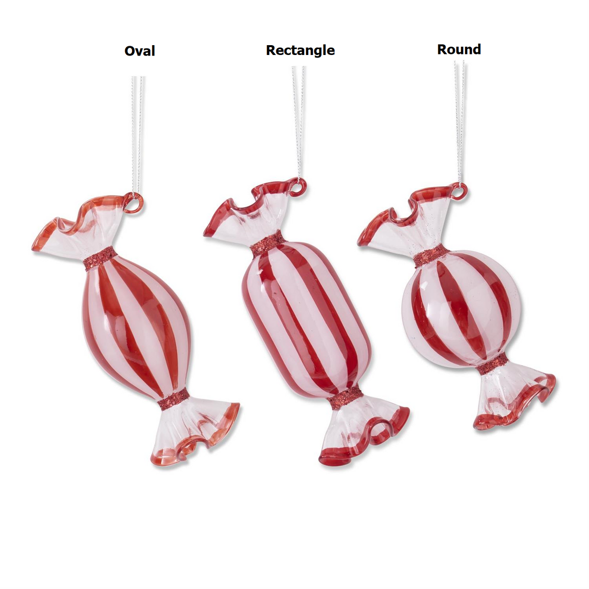 Red and white glass candy ornament with a round shape.