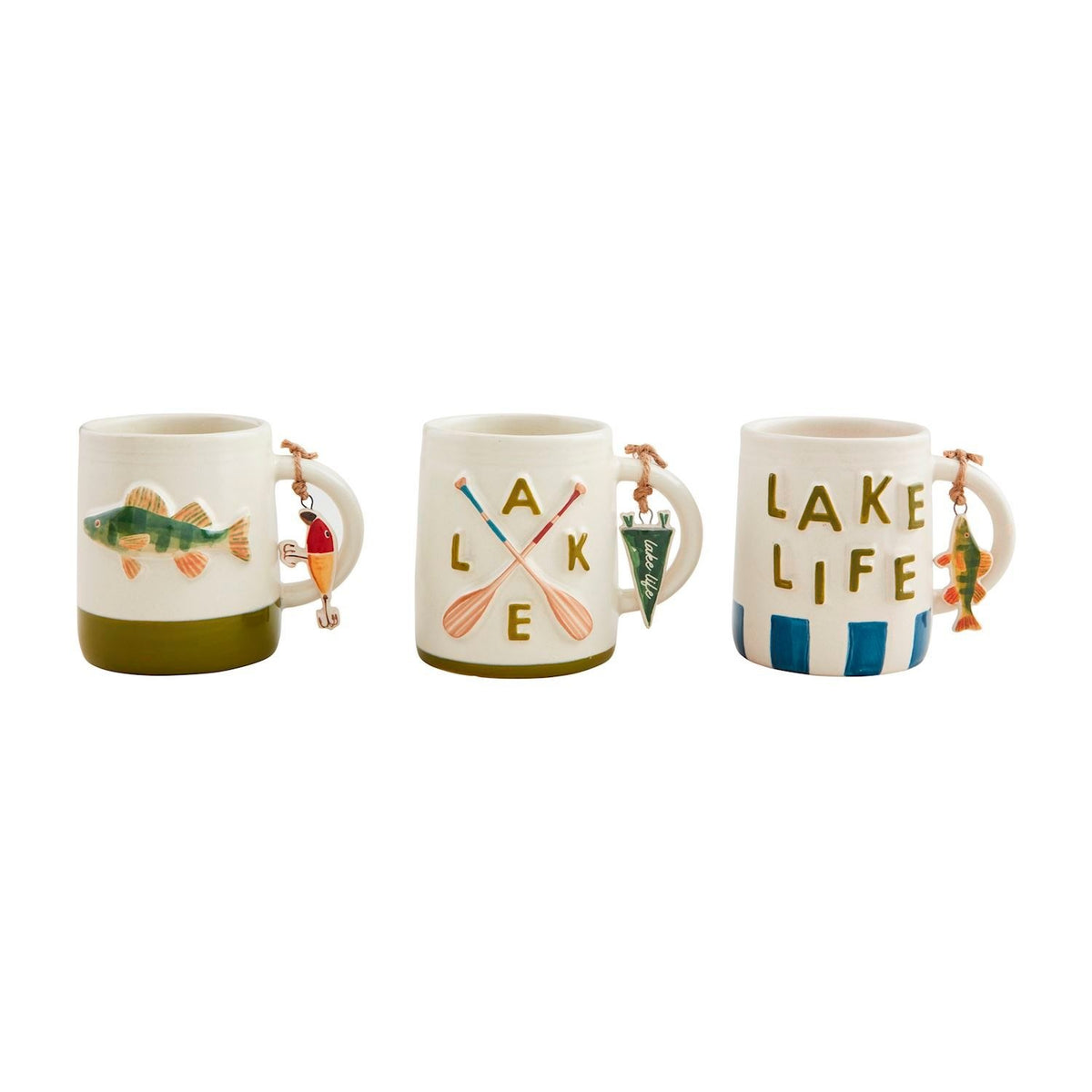 Hand-painted stoneware mug with chunky textural detail tied with a matching handle charm.
