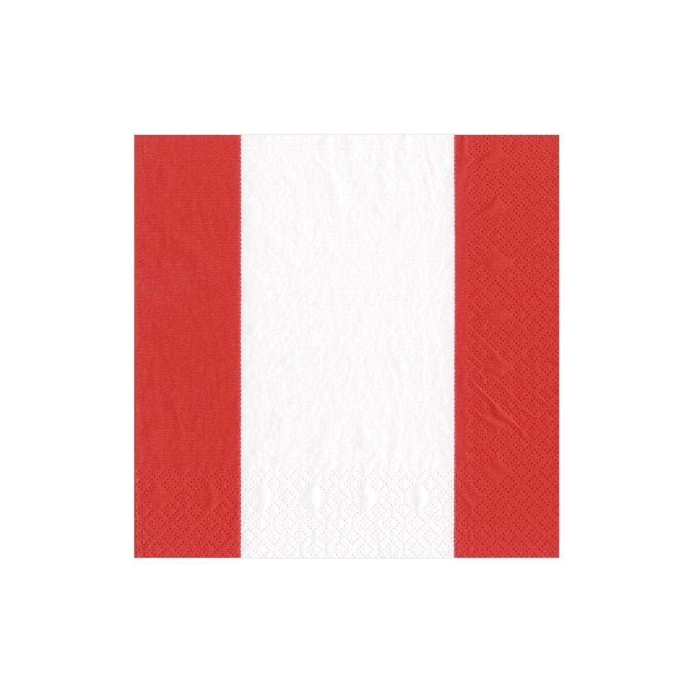 Square cocktail napkin with three vertical stripes in red, white, and red.