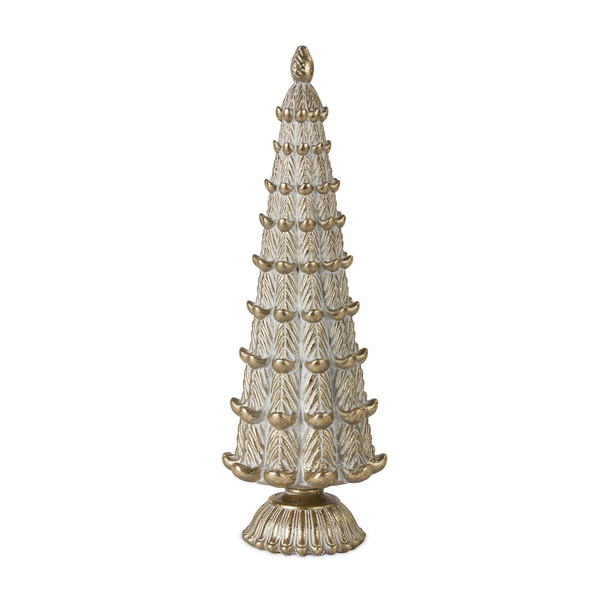 13.75-inch tall white and gold resin decorative Christmas tree with a tiered, textured design.