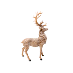13.75 inch standing deer figurine with large antlers and a glittery snow-covered finish.