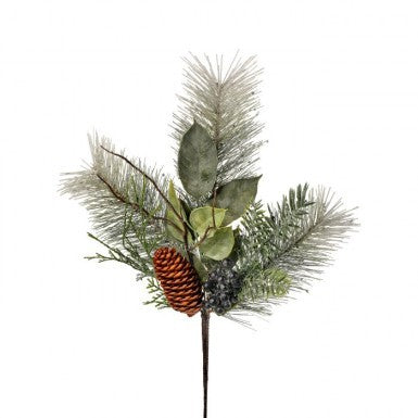 16-inch frosted pine, cedar, and leaf spray with a pinecone and berries on a single stem.