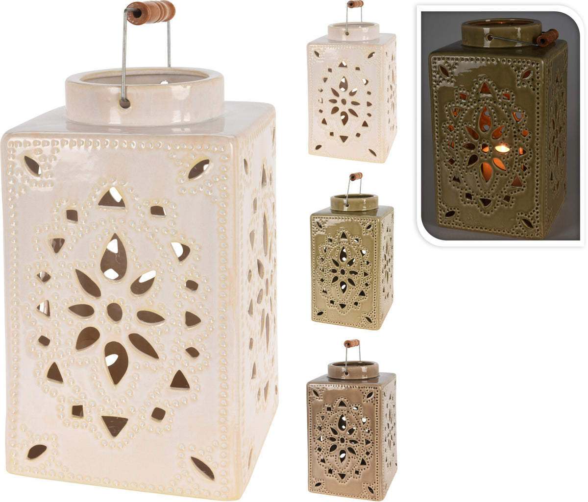 Ceramic lantern with metal frame, wooden handle, crackle finish in neutral tones.