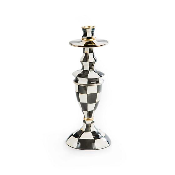 Medium Courtly Check enamel candlestick with hand-painted black and white checks and brass accents.